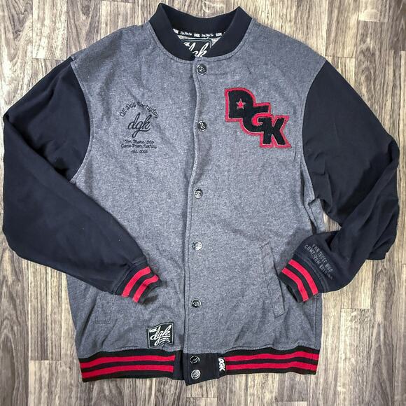 DGK Varsity Jacket Gray Black Red Large Logo Patch Snap Front Streetwear - Picture 1 of 9